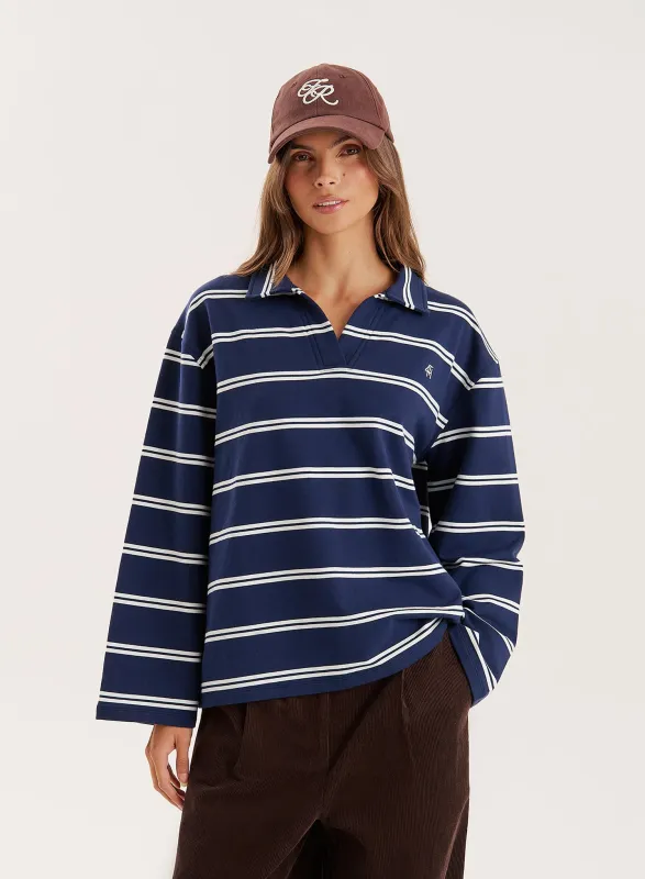 Navy And White Thin Striped Rugby Top sold by 4th and Reckless