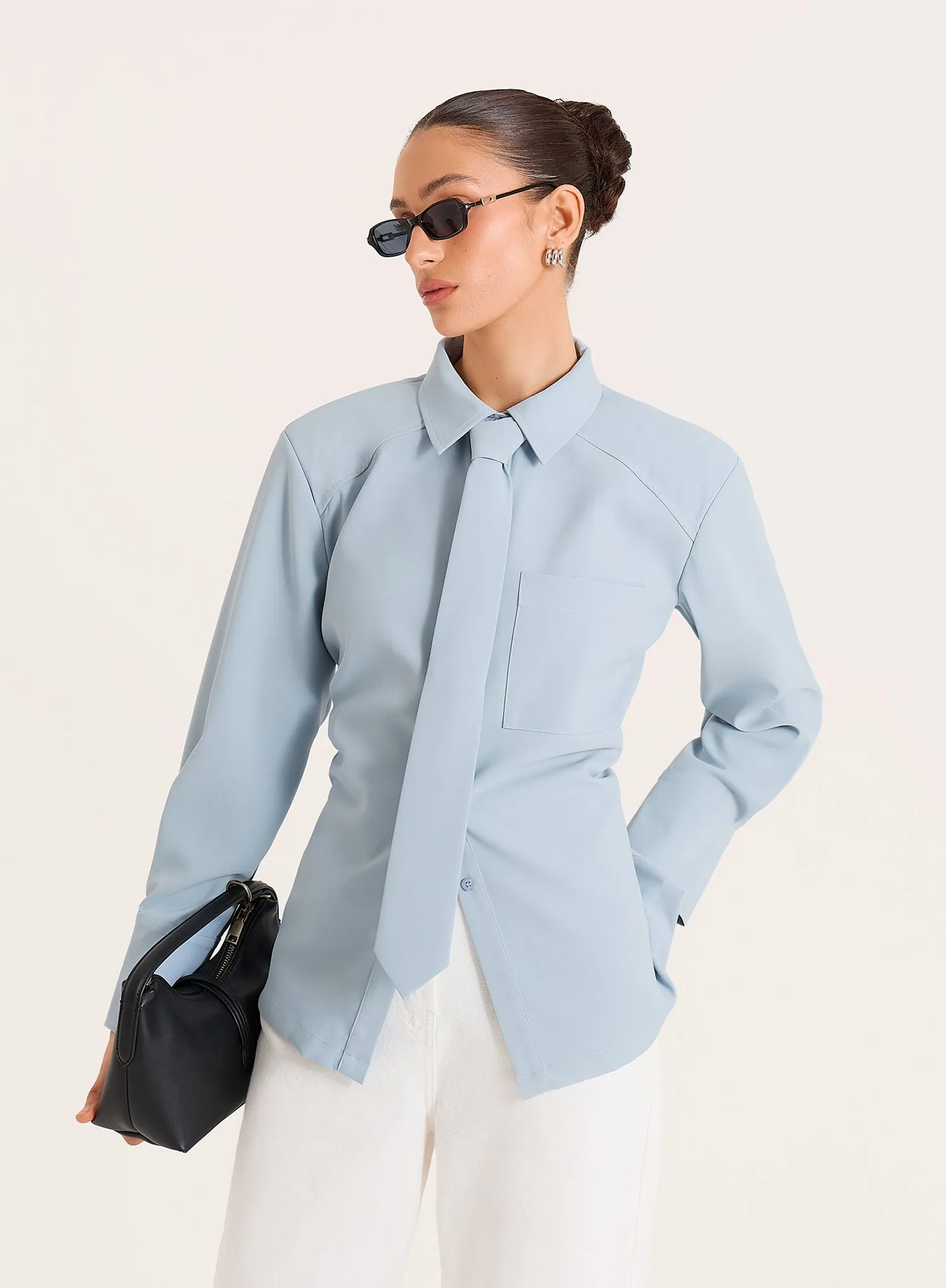 Blue Cinched Waist Tie Detail Shirt sold by 4th and Reckless product image thumbnail 2