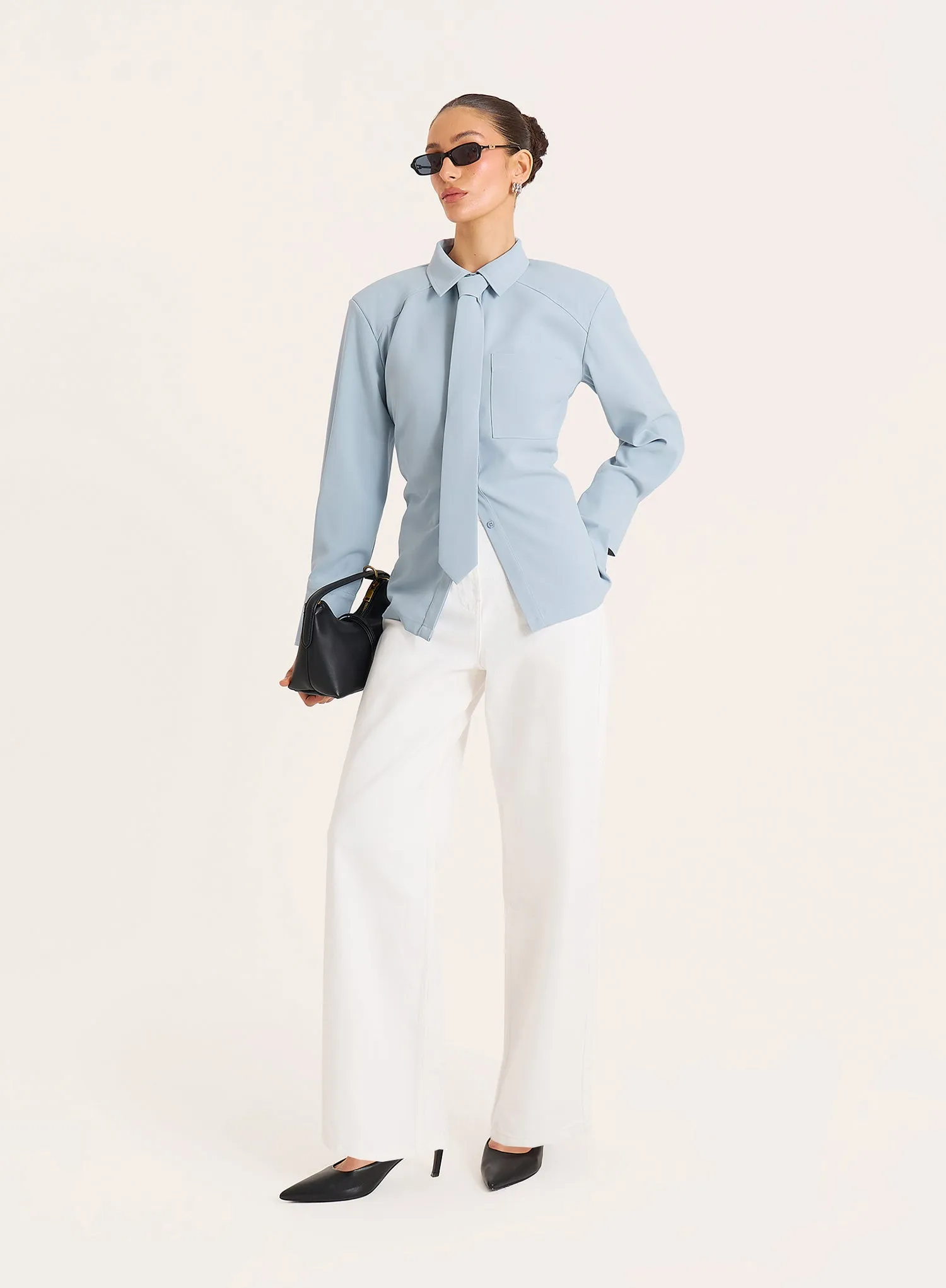 Blue Cinched Waist Tie Detail Shirt sold by 4th and Reckless product image thumbnail 3