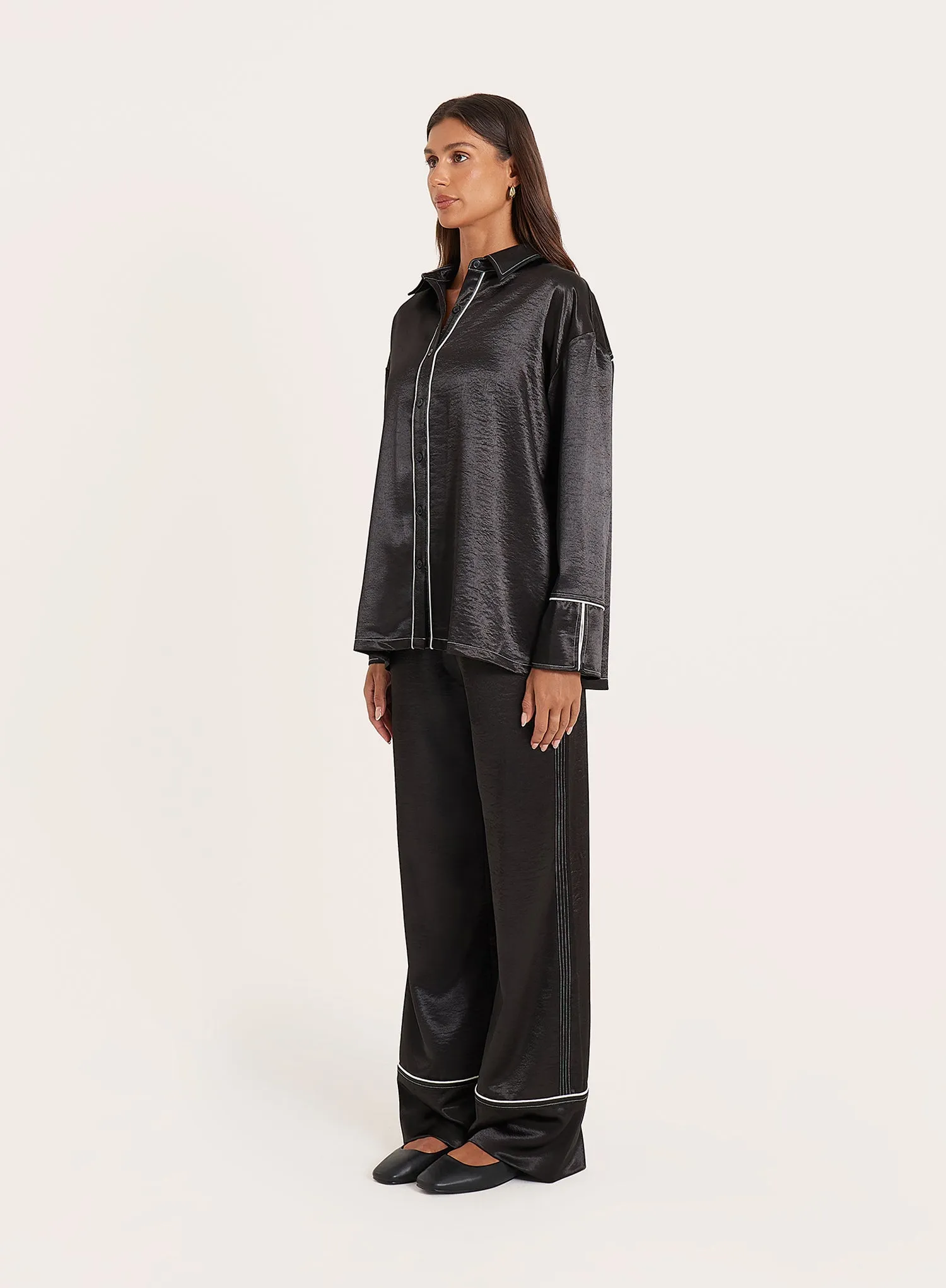 Black Satin Contrast Piping Trousers sold by 4th and Reckless product image thumbnail 2