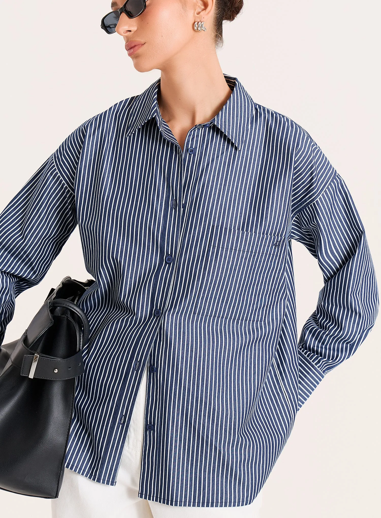 Navy And White Stripe Cotton Tie Back Detail Shirt sold by 4th and Reckless product image thumbnail 5
