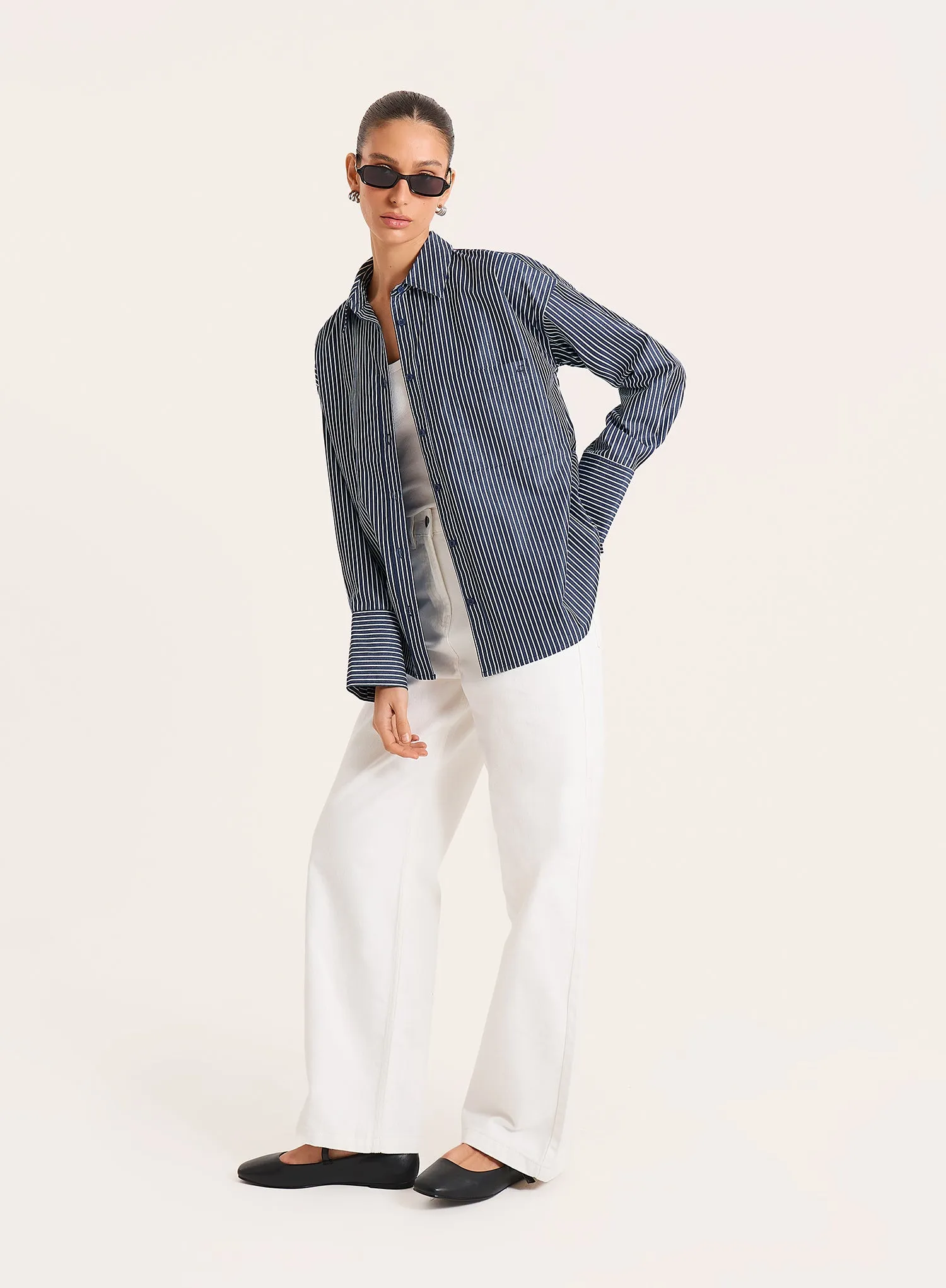 Navy And White Stripe Cotton Tie Back Detail Shirt sold by 4th and Reckless product image thumbnail 2