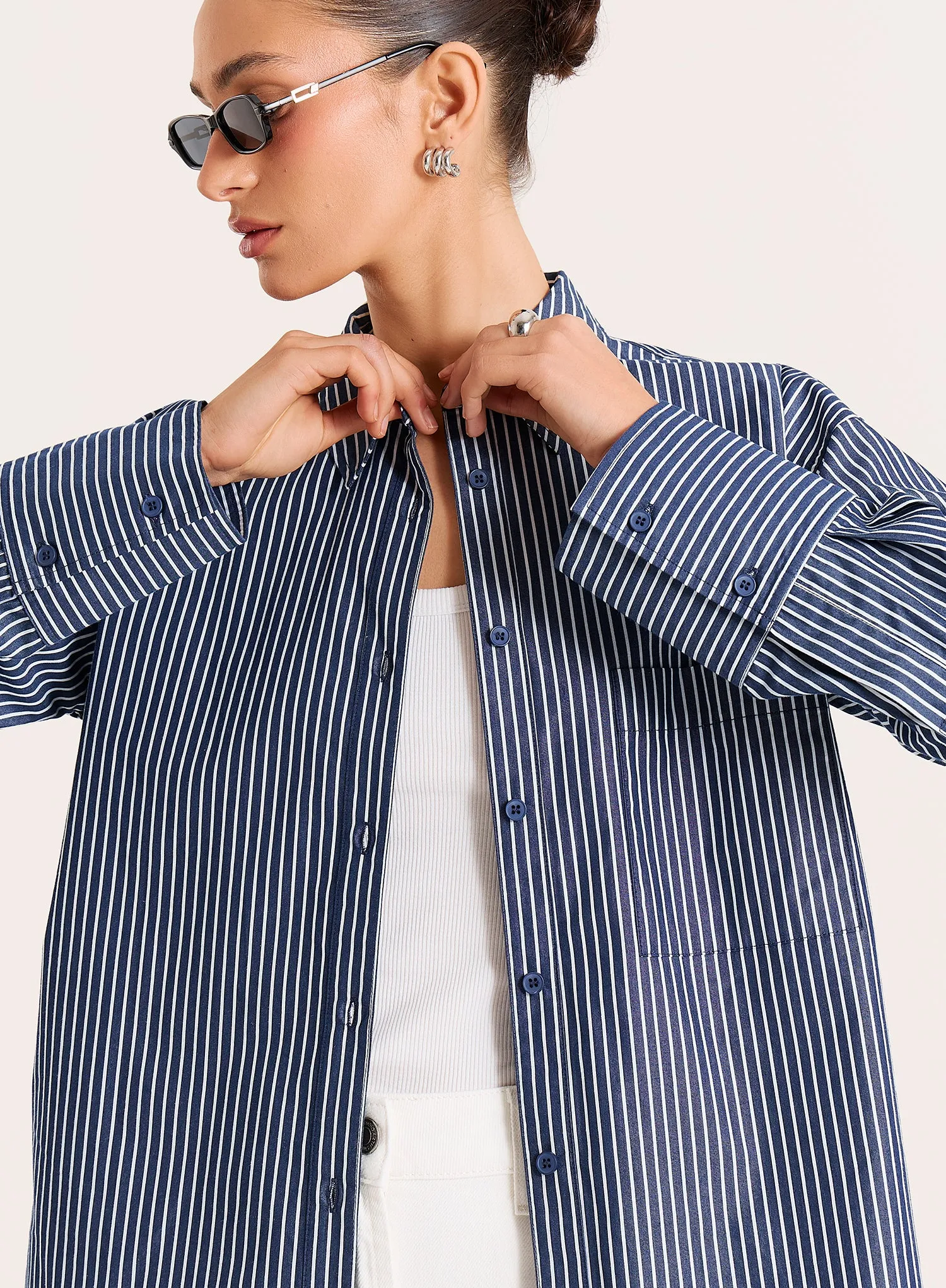 Navy And White Stripe Cotton Tie Back Detail Shirt sold by 4th and Reckless product image thumbnail 3