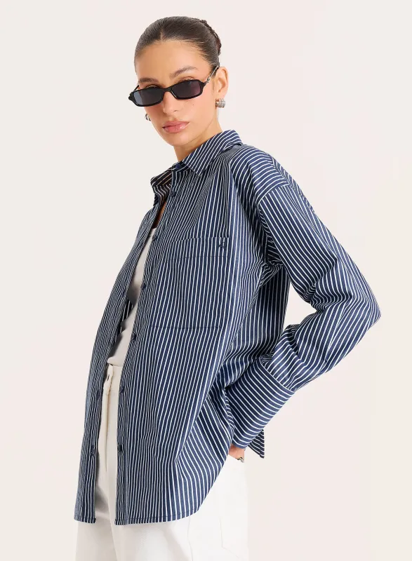 Navy And White Stripe Cotton Tie Back Detail Shirt sold by 4th and Reckless