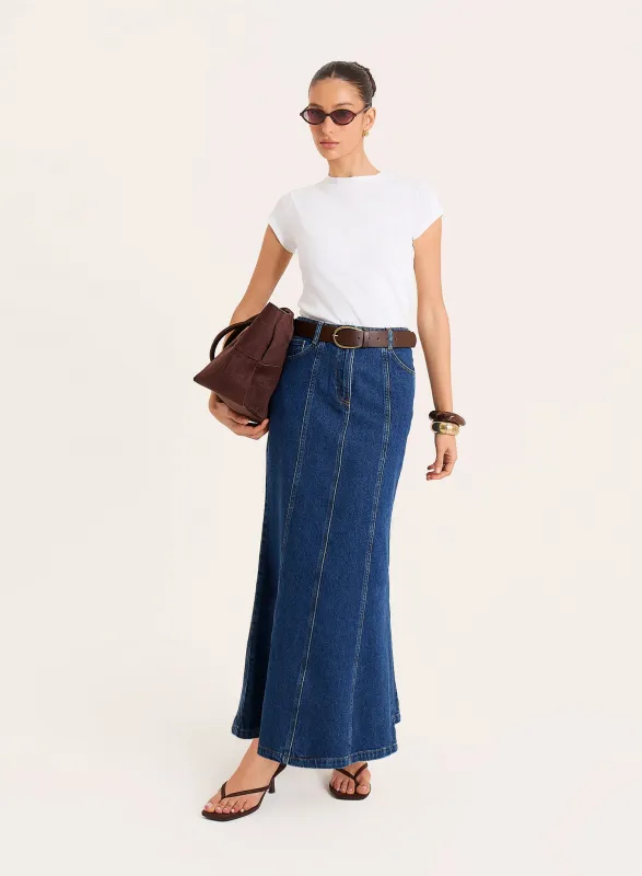 Indigo Wash Panelled Denim Maxi Skirt made by 4th and Reckless