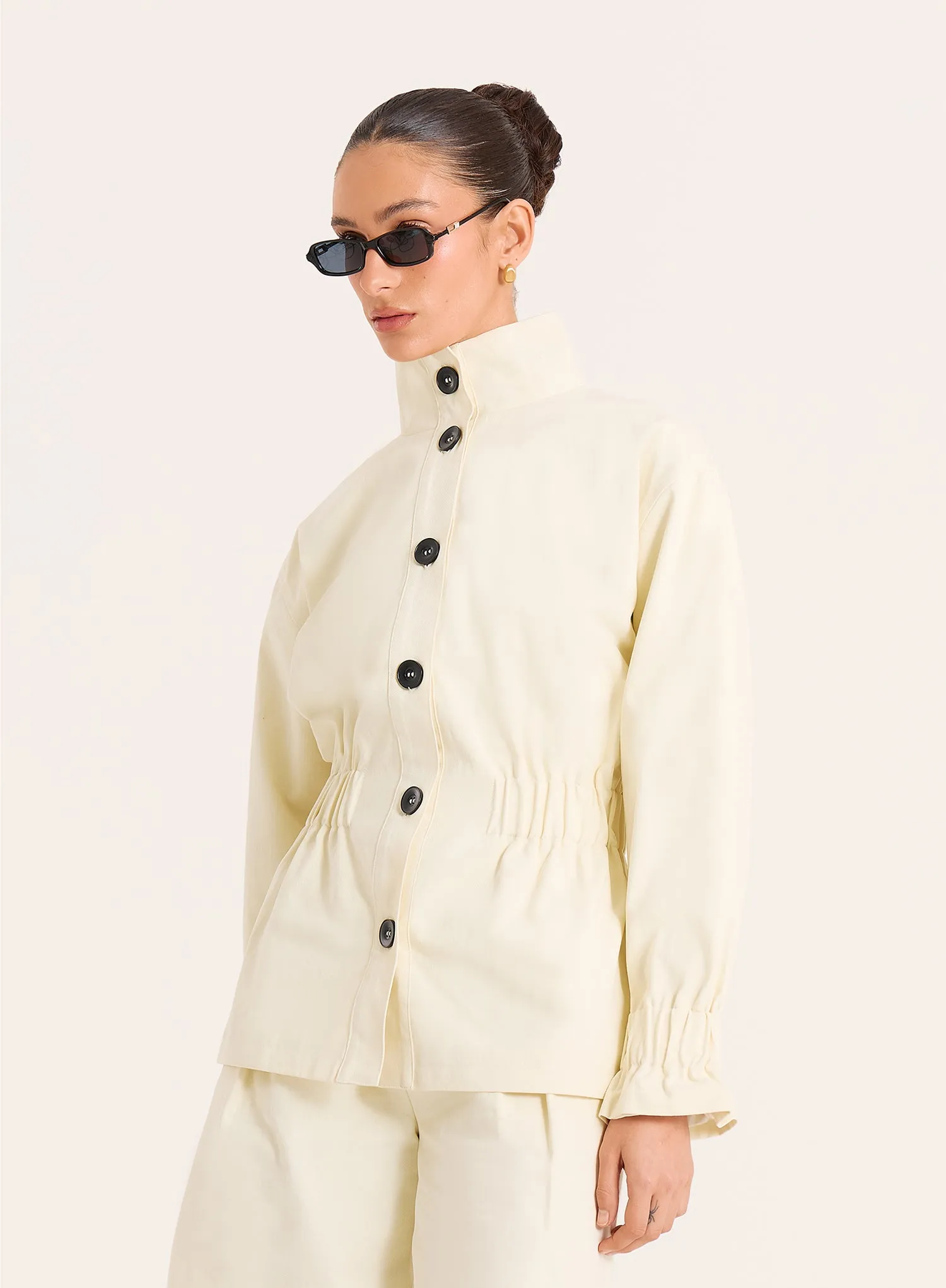 Cream Funnel Neck Cinched Waist Jacket sold by 4th and Reckless