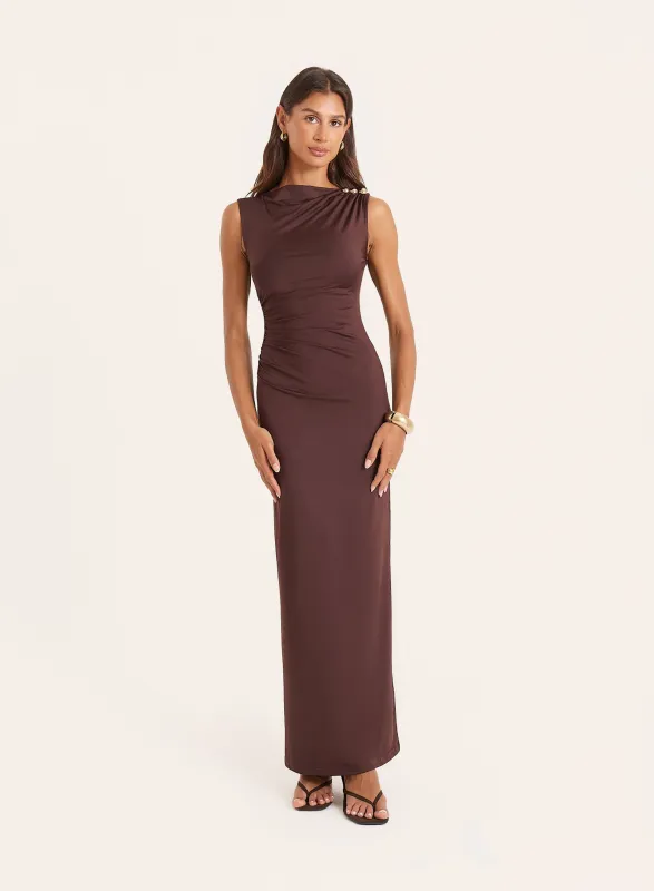 Chocolate Hardware Ruched Maxi Dress made by 4th and Reckless