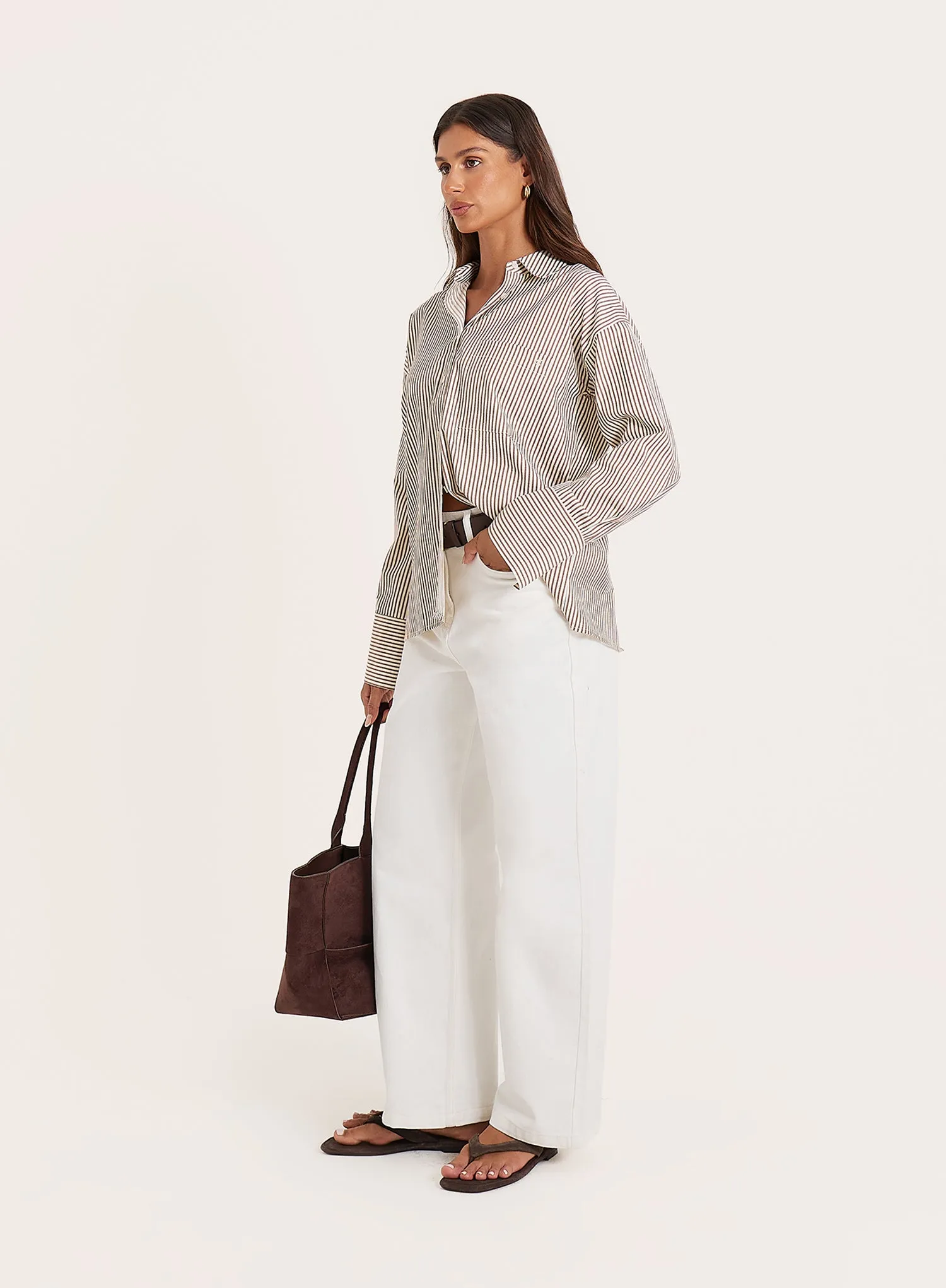 White And Beige Stripe Cotton Tie Back Detail Shirt sold by 4th and Reckless product image thumbnail 2