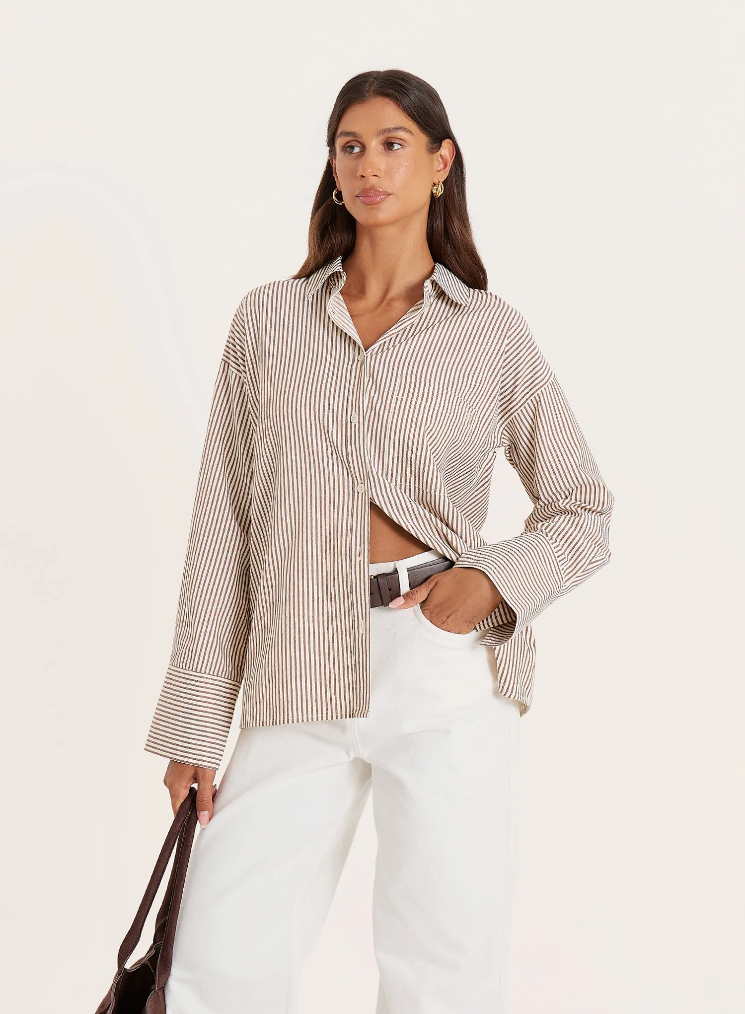 White And Beige Stripe Cotton Tie Back Detail Shirt sold by 4th and Reckless