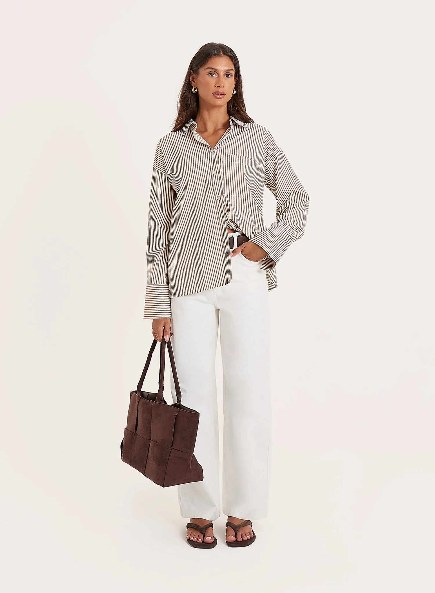 White And Beige Stripe Cotton Tie Back Detail Shirt sold by 4th and Reckless product image thumbnail 5