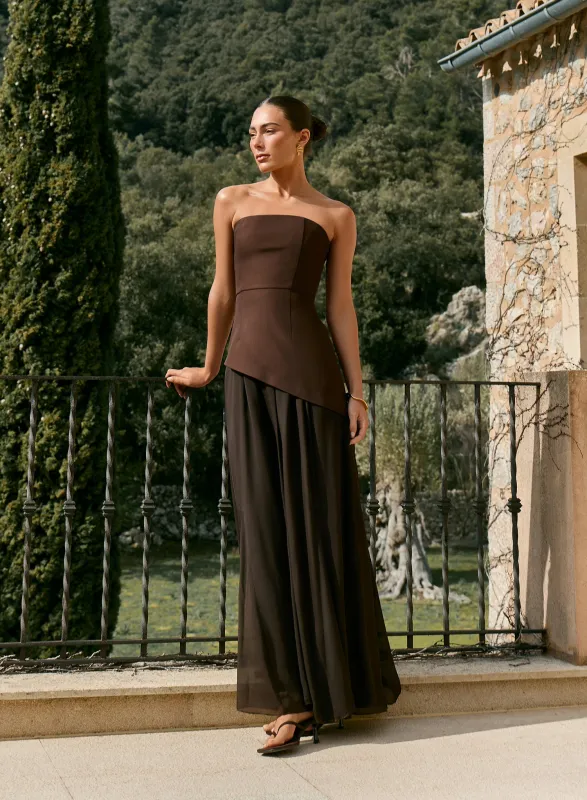 Chocolate Bandeau Asymmetric Detail Maxi Dress made by 4th and Reckless