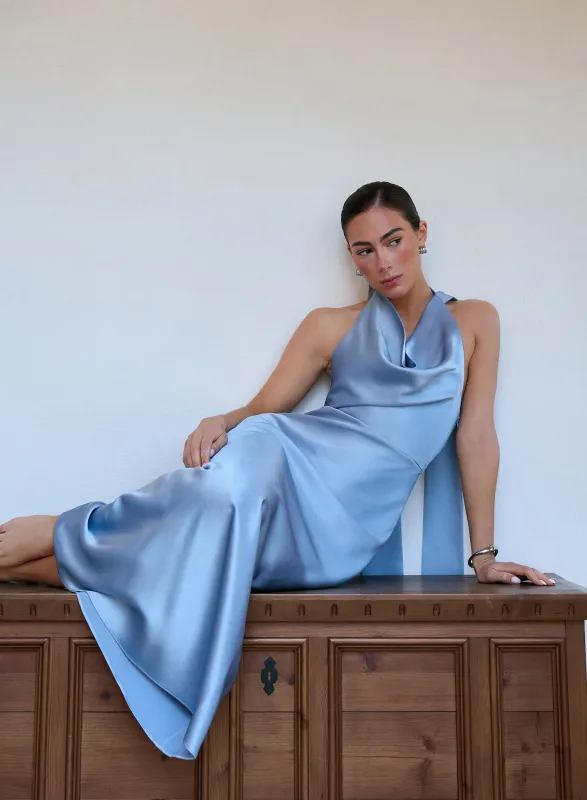 Light Blue Satin Cowl Neck Maxi Dress made by 4th and Reckless