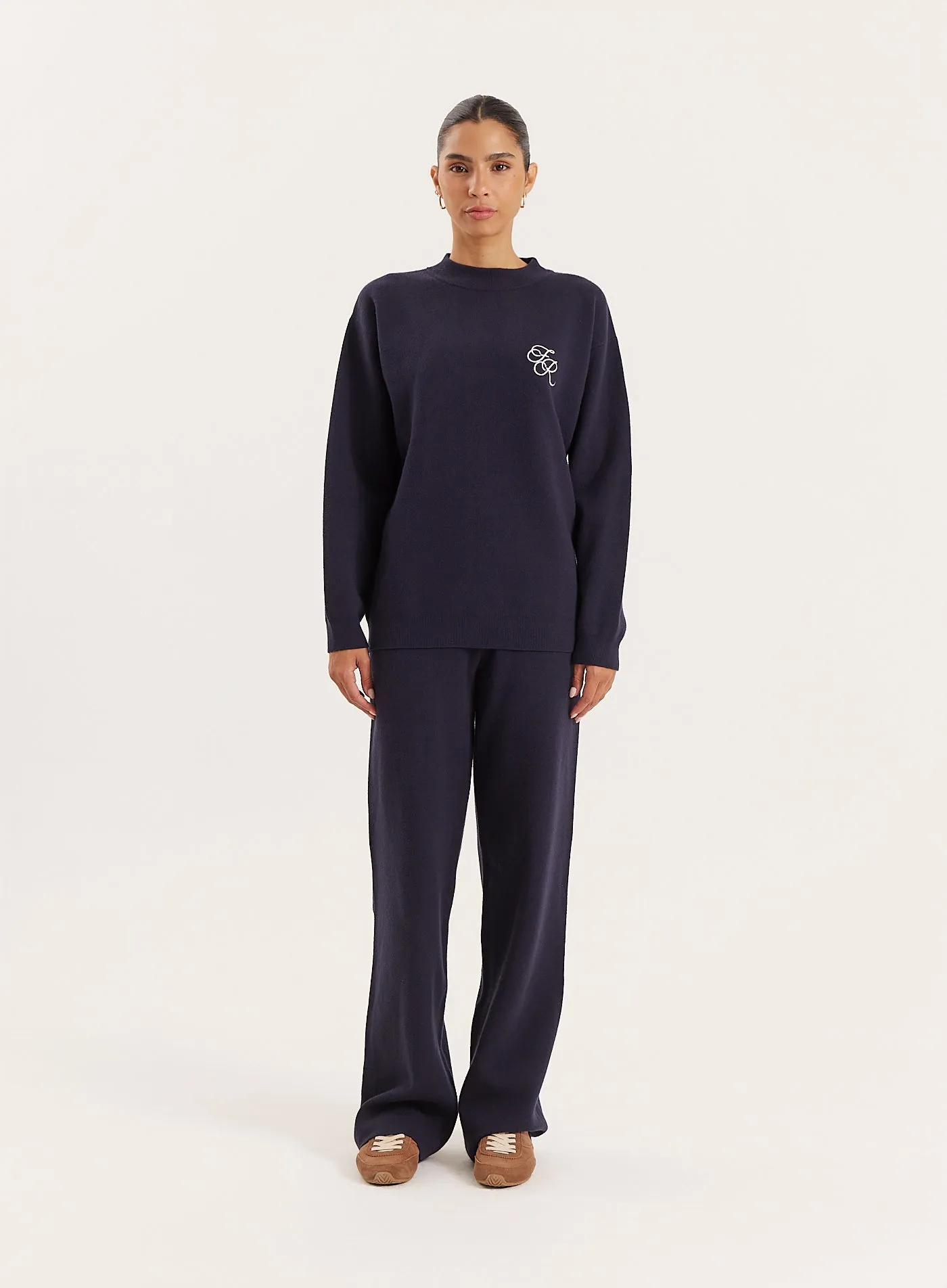 Navy Knitted Straight Leg Trousers sold by 4th and Reckless