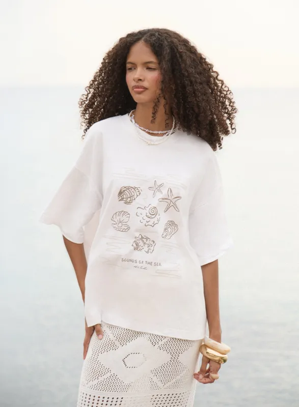 Cream Beach Graphic Printed Cotton T-Shirt made by 4th and Reckless