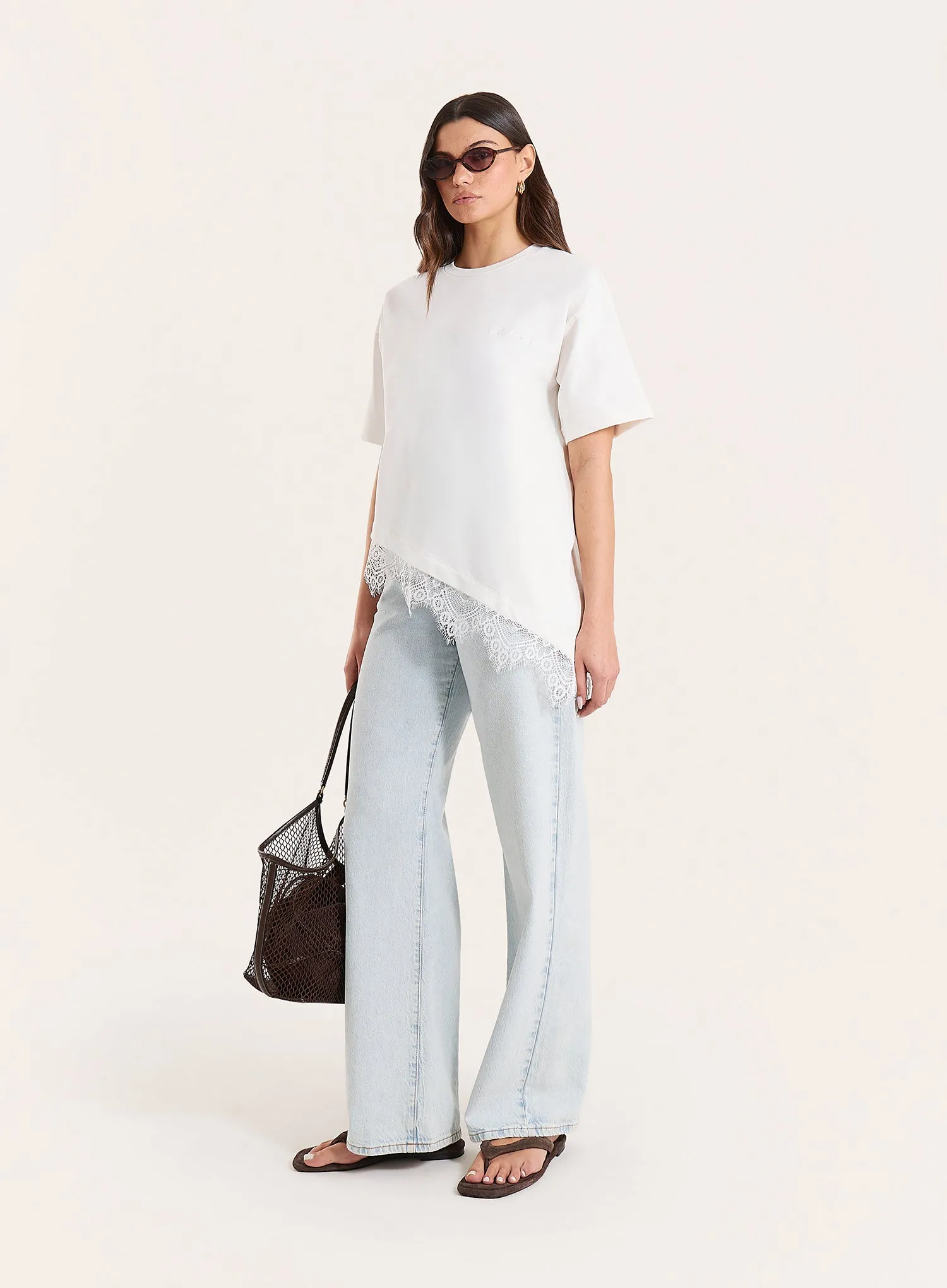 White Asymmetric Lace Hem T-Shirt sold by 4th and Reckless product image thumbnail 2