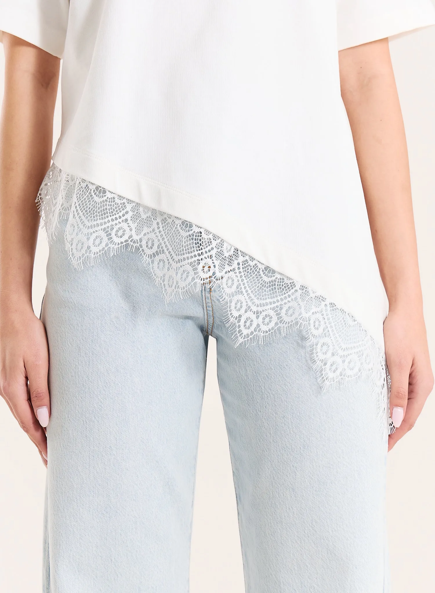 White Asymmetric Lace Hem T-Shirt sold by 4th and Reckless product image thumbnail 3