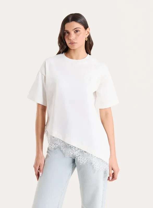 White Asymmetric Lace Hem T-Shirt made by 4th and Reckless