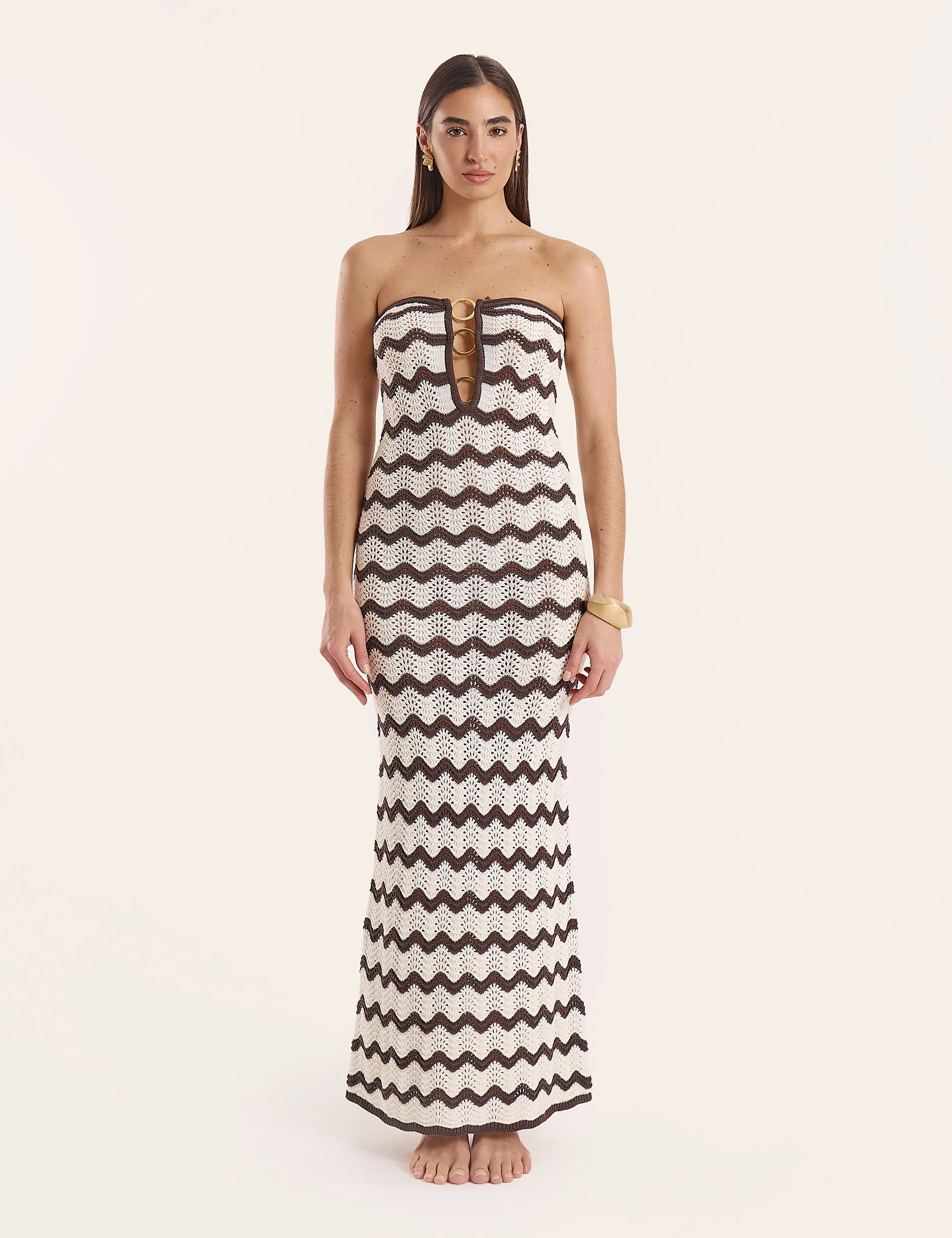 Chocolate And Cream Chevron Print Knitted Bandeau Maxi Dress sold by 4th and Reckless product image thumbnail 4