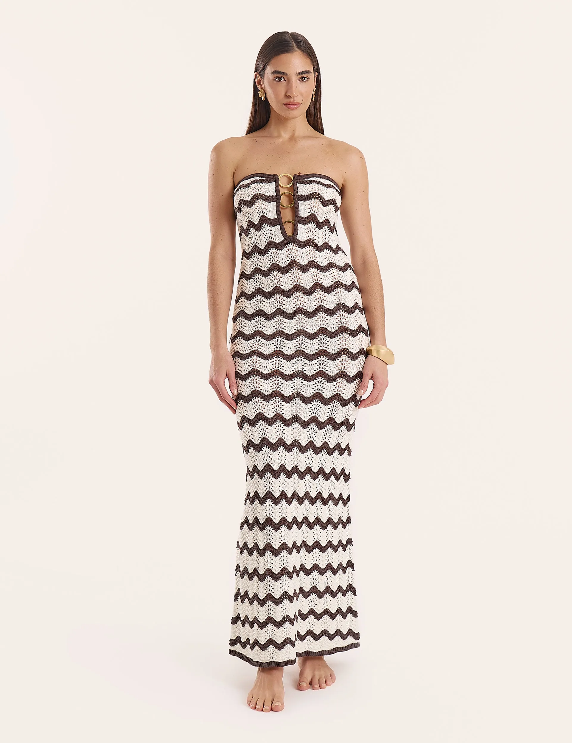 Chocolate And Cream Chevron Print Knitted Bandeau Maxi Dress sold by 4th and Reckless