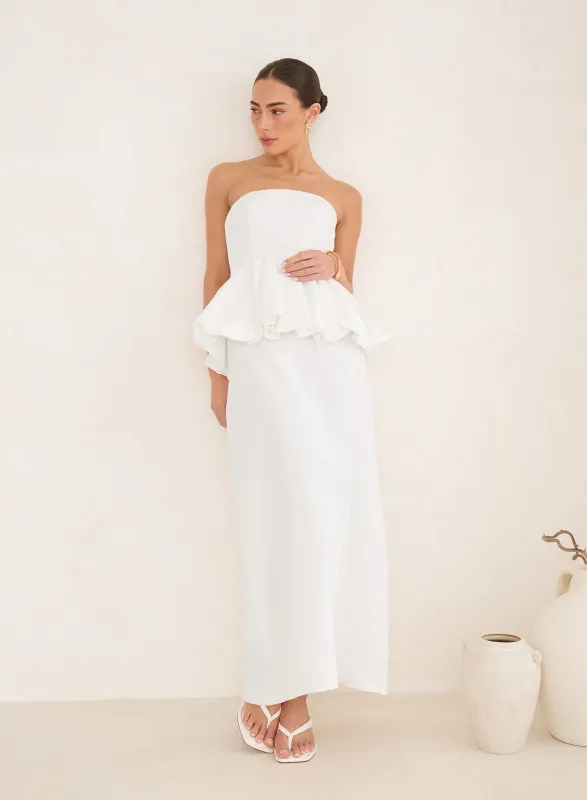 White Puff Ball Peplum Waist Maxi Dress made by 4th and Reckless