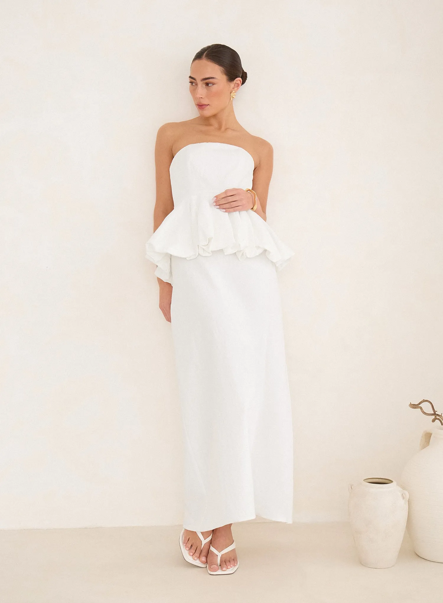 White Puff Ball Peplum Waist Maxi Dress sold by 4th and Reckless