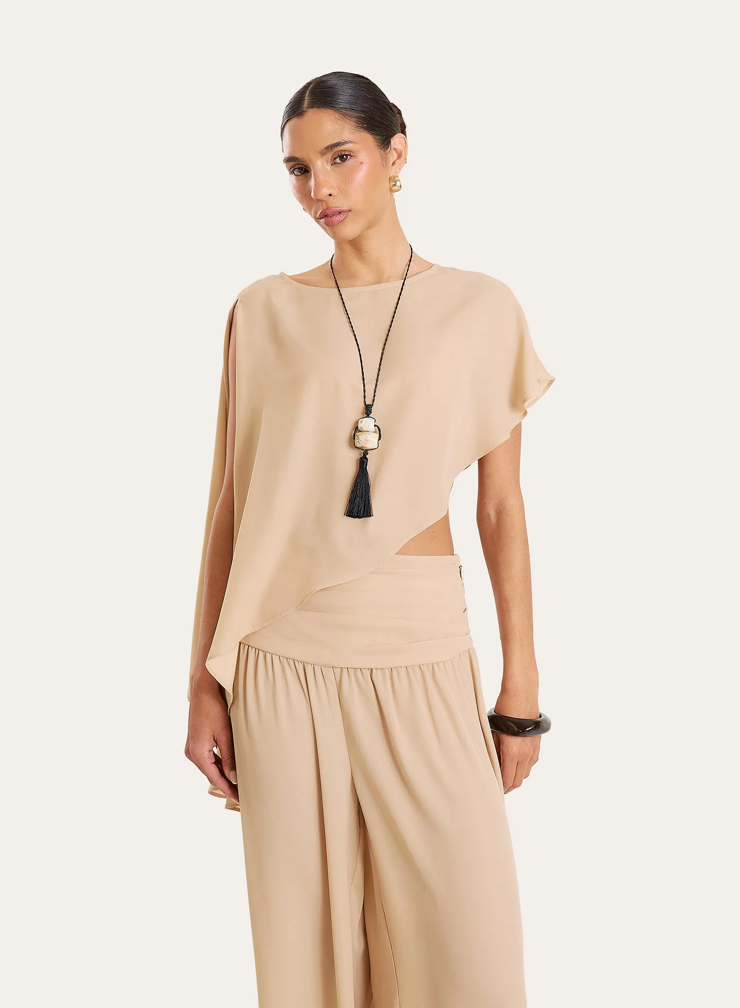 Beige Sheer Asymmetric Hem Cape Top sold by 4th and Reckless product image thumbnail 2