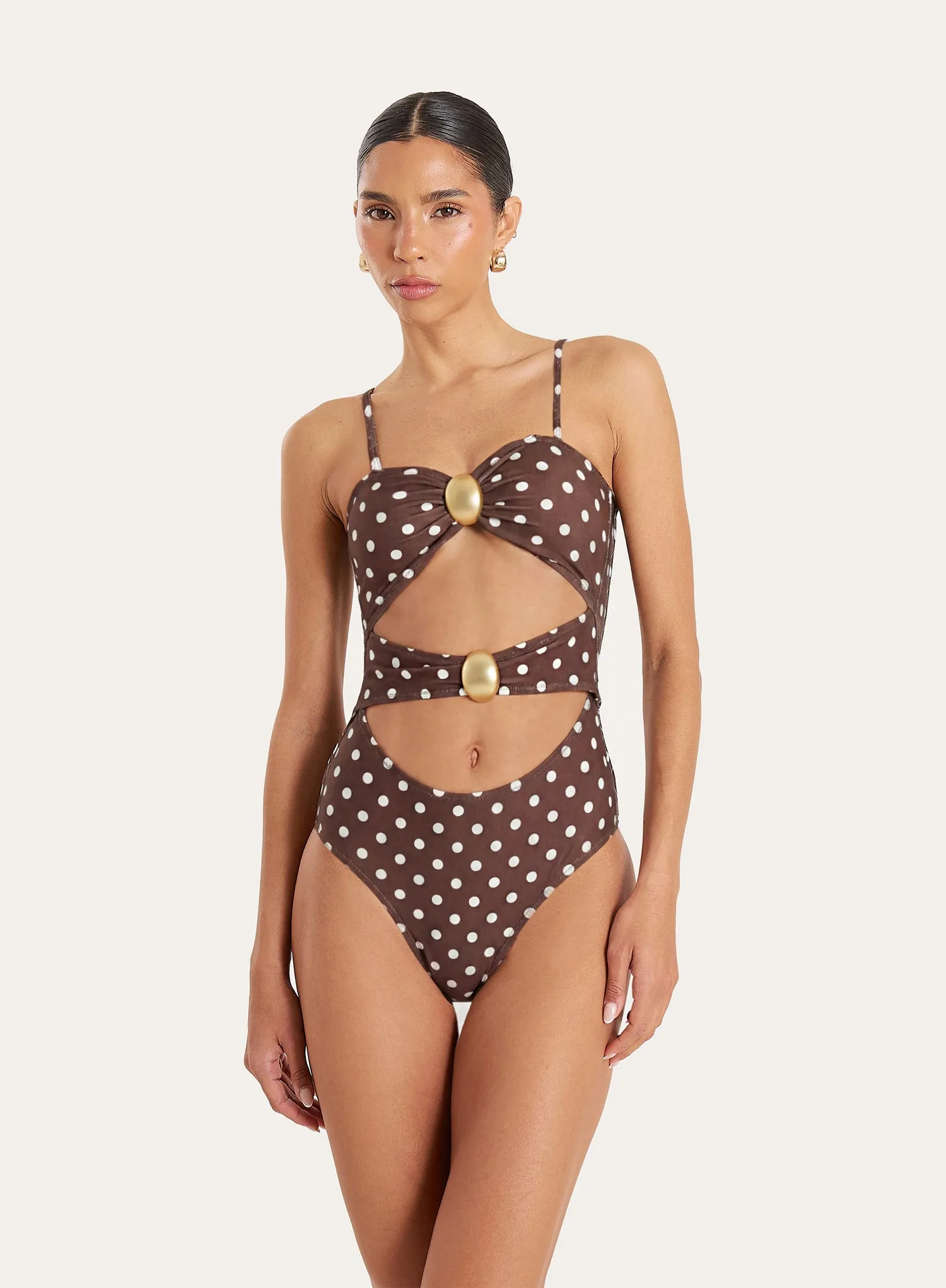 Brown And White Polka Dot Cut Out Hardware Detail Swimsuit sold by 4th and Reckless product image thumbnail 3