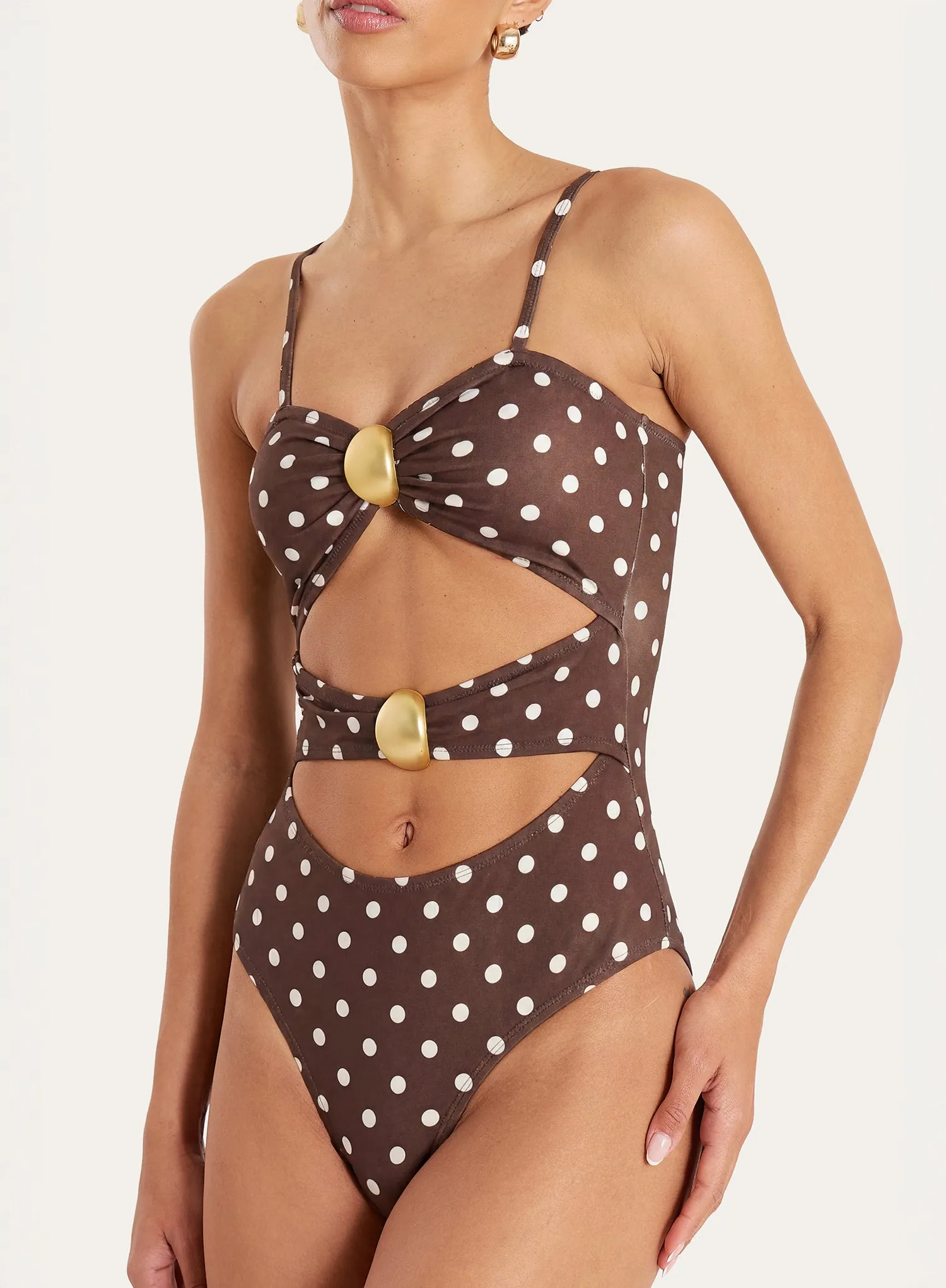 Brown And White Polka Dot Cut Out Hardware Detail Swimsuit sold by 4th and Reckless product image thumbnail 4