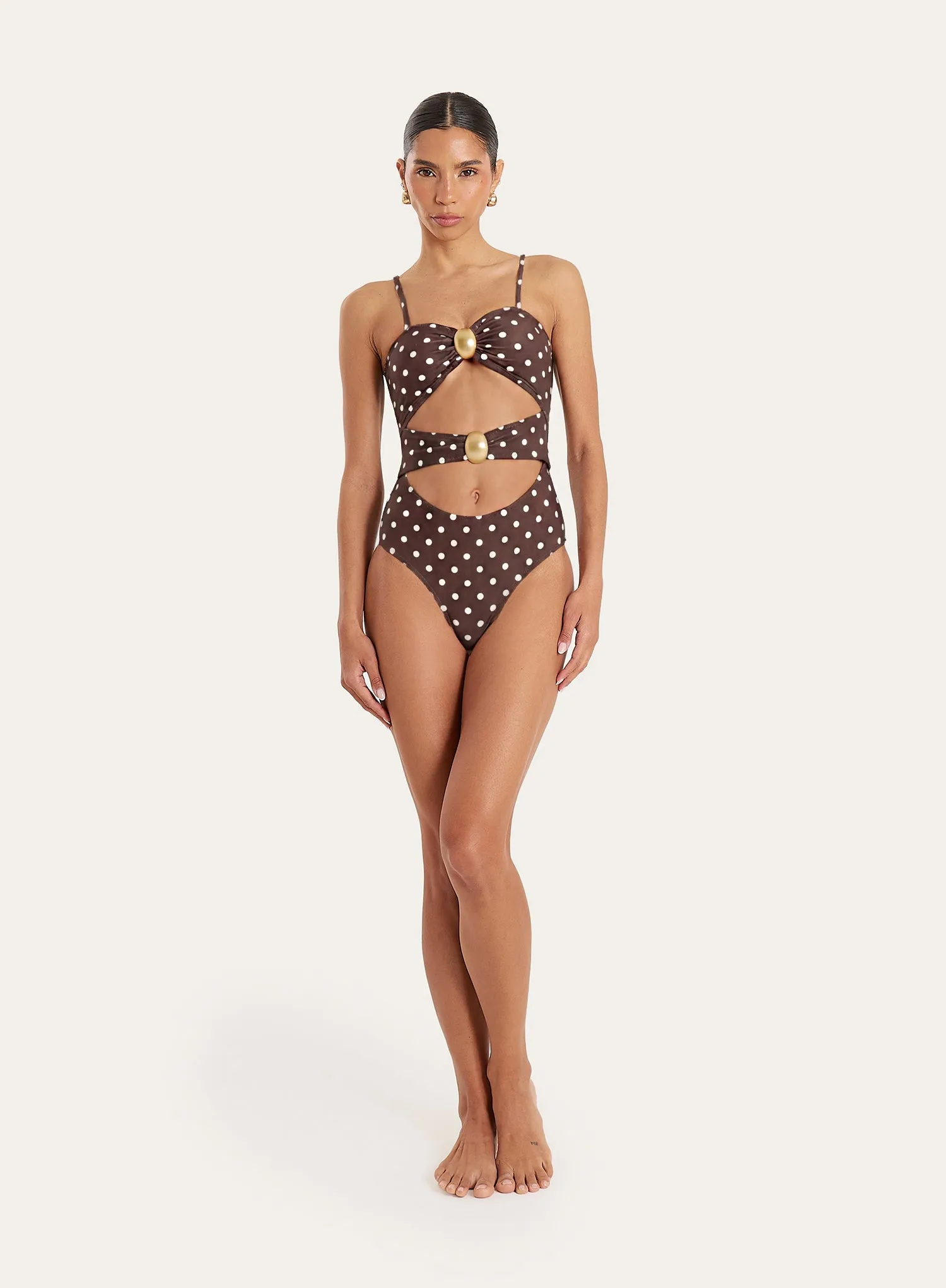 Brown And White Polka Dot Cut Out Hardware Detail Swimsuit sold by 4th and Reckless product image thumbnail 2