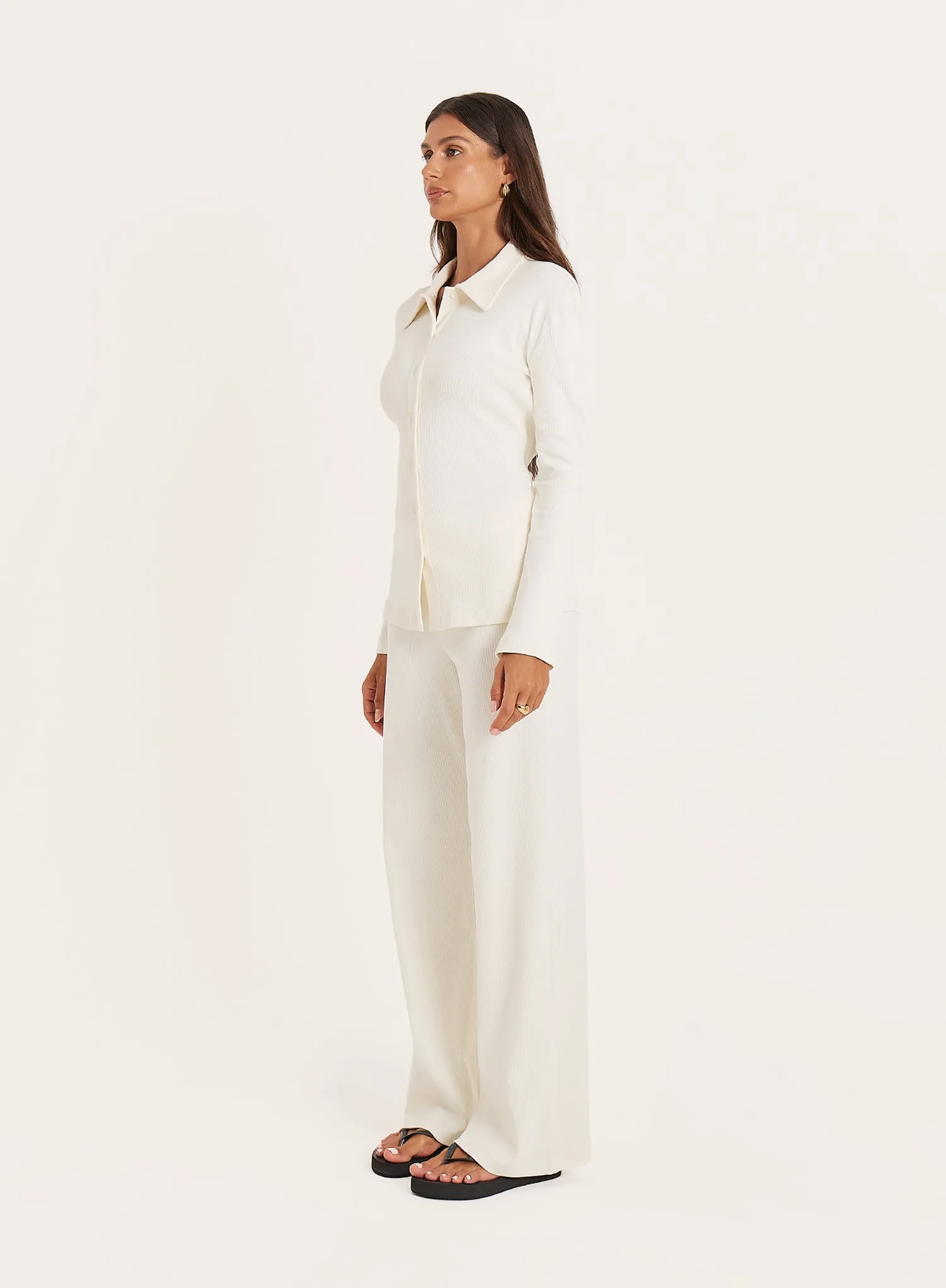 Cream Ribbed Button Long Sleeve Top sold by 4th and Reckless product image thumbnail 2