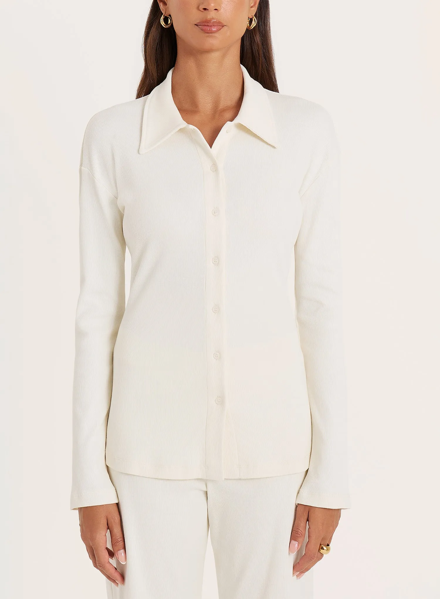 Cream Ribbed Button Long Sleeve Top sold by 4th and Reckless product image thumbnail 3