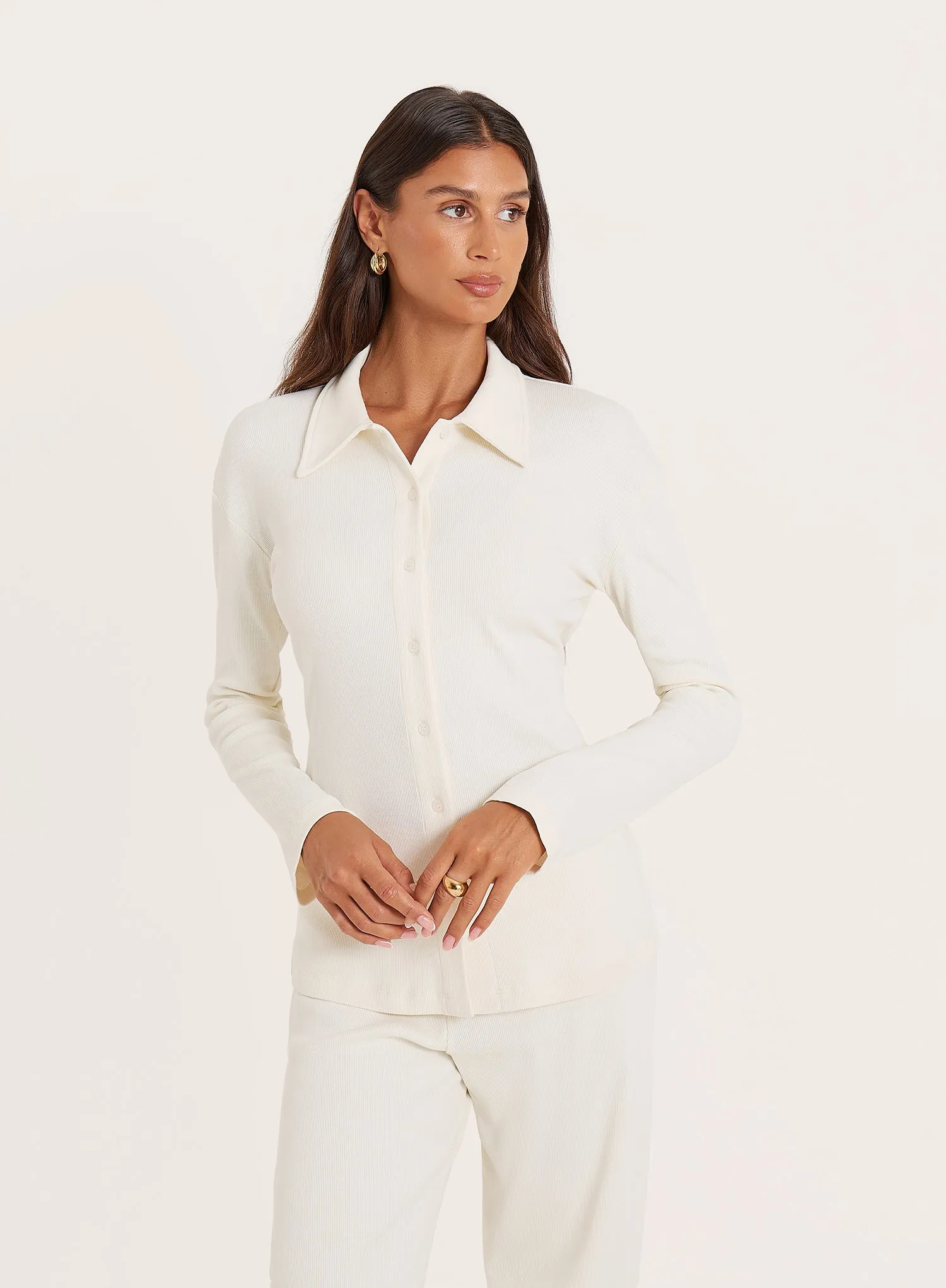 Cream Ribbed Button Long Sleeve Top sold by 4th and Reckless