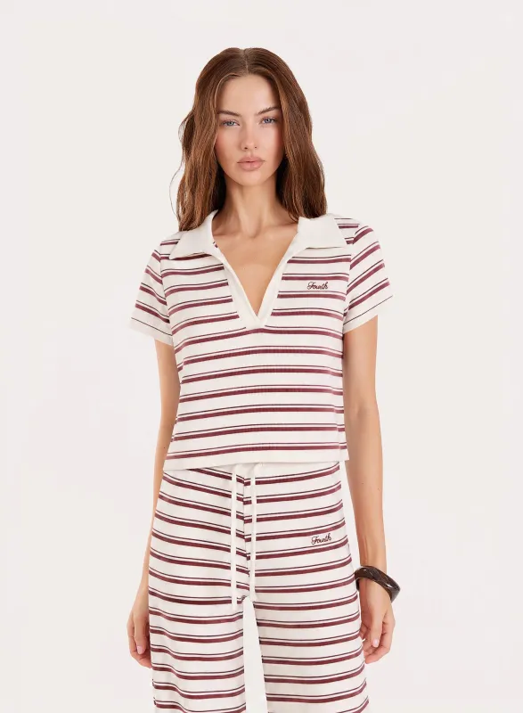 White And Brown Stripe Ribbed Short Sleeve Jersey Polo Top made by 4th and Reckless