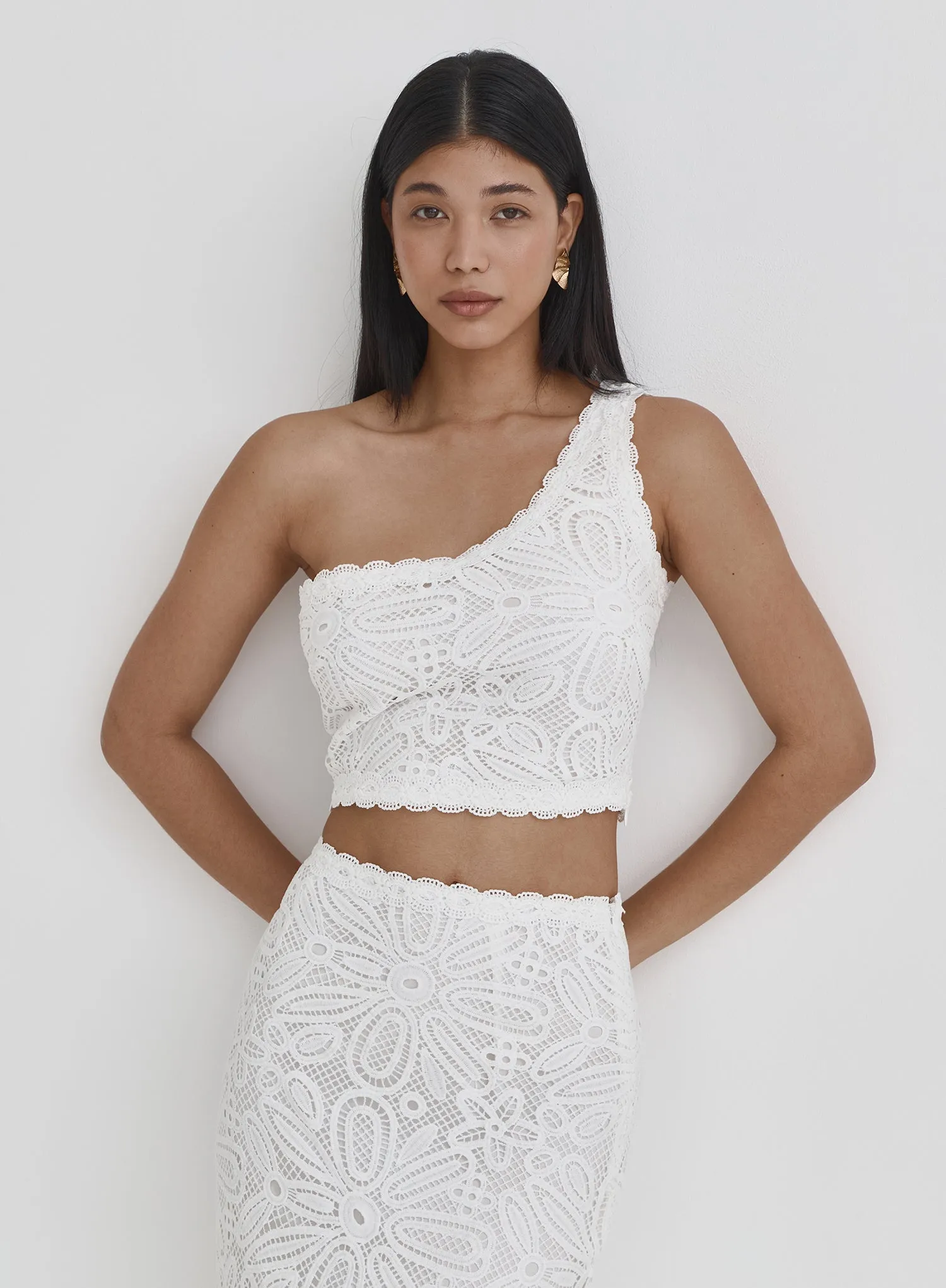 White Crochet One Shoulder Top- Mae sold by 4th and Reckless