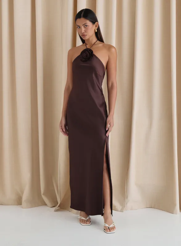 Chocolate Brown Satin Corsage Halterneck Dress- Sabel sold by 4th and Reckless
