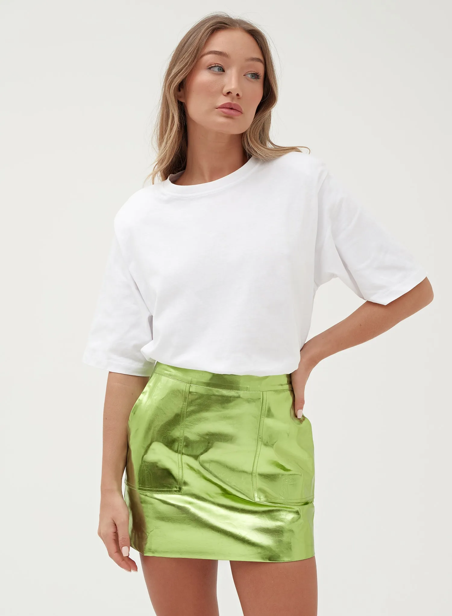 Green Metallic Faux Leather Mini Skirt - Kiki sold by 4th and Reckless product image thumbnail 3