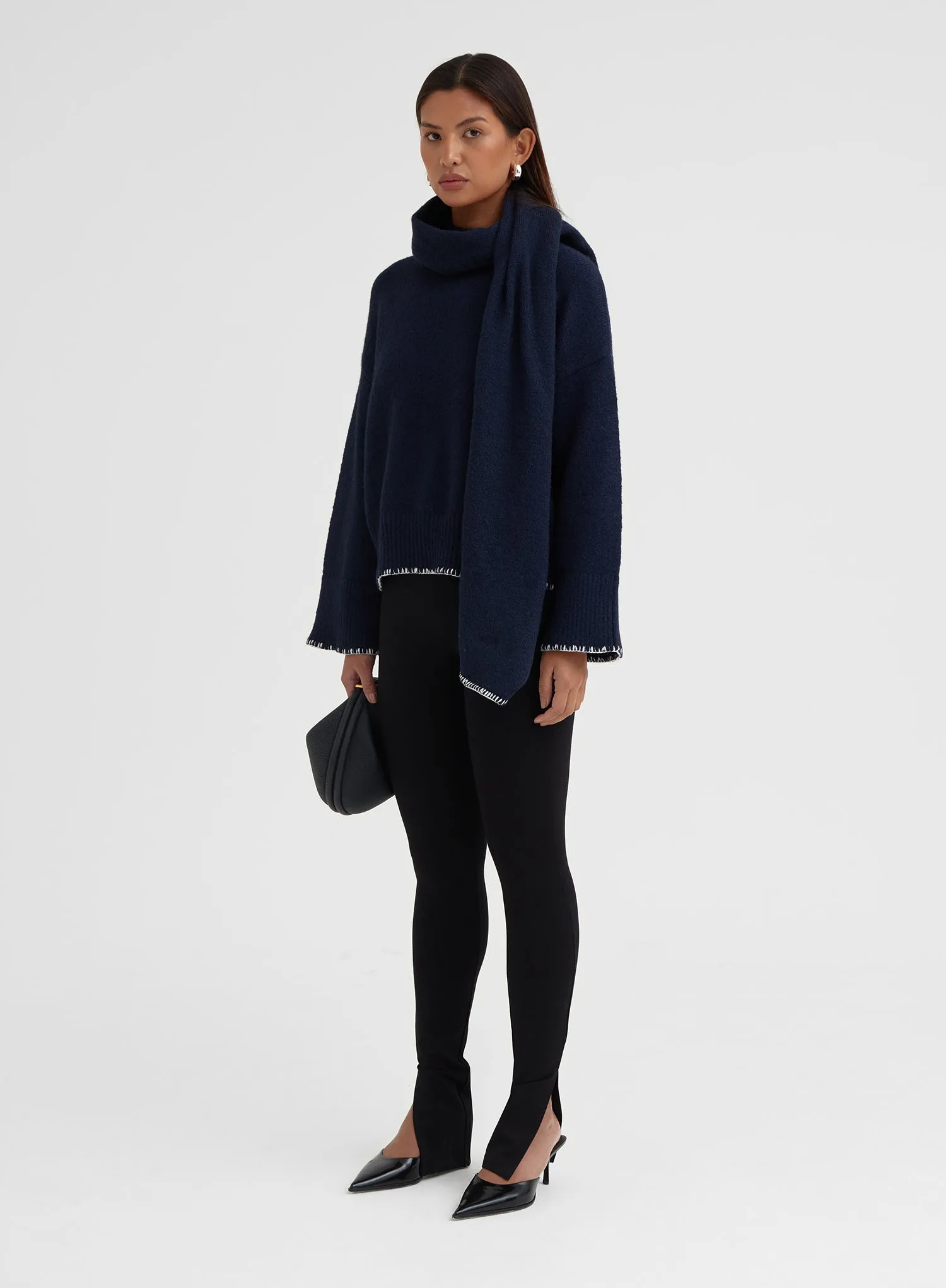 Navy Stitch Detail Knitted Jumper With Scarf - Lily sold by 4th and Reckless product image thumbnail 3