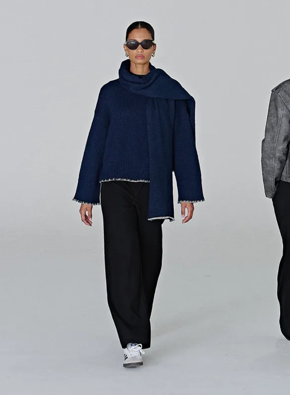 Navy Stitch Detail Knitted Jumper With Scarf - Lily sold by 4th and Reckless