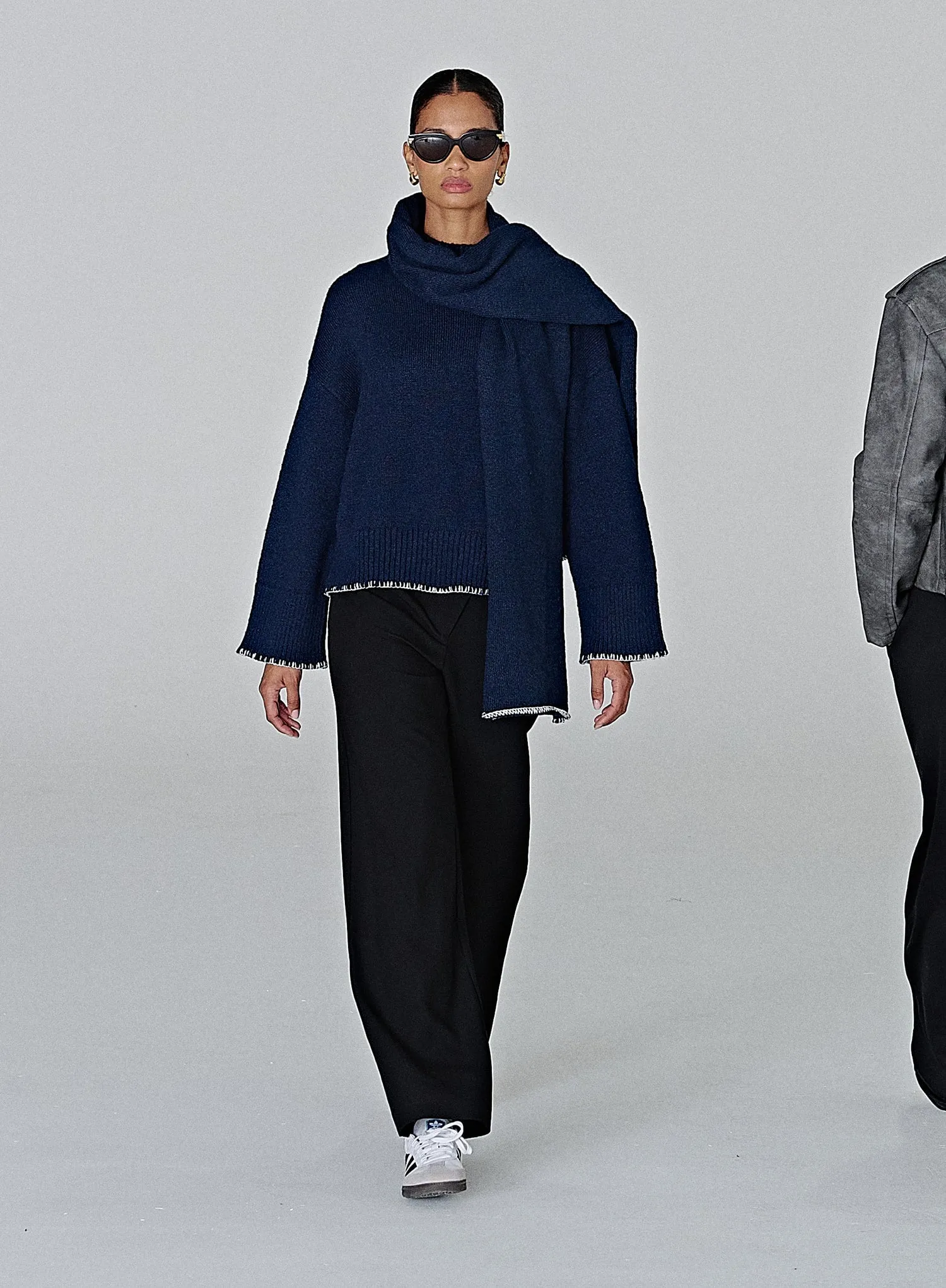 Navy Stitch Detail Knitted Jumper With Scarf - Lily sold by 4th and Reckless