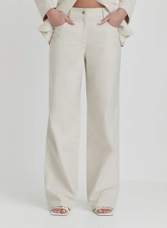 Cream Linen Look Straight Leg Trouser- Liana sold by 4th and Reckless