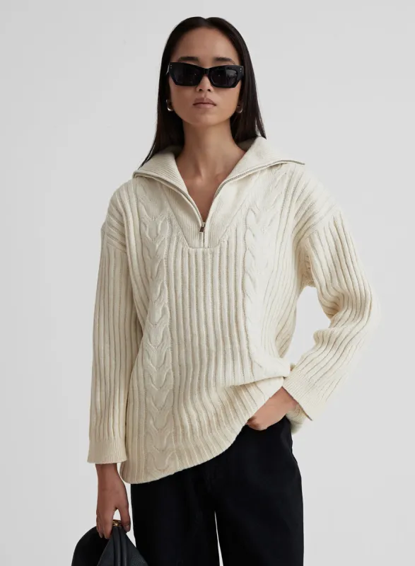 Cream Cable Knit Zip Front Longline Jumper- Rita sold by 4th and Reckless