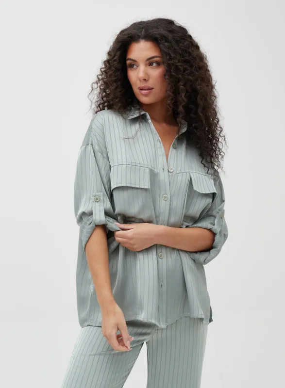 Sage Oversized Stripe Satin Shirt - Nia sold by 4th and Reckless