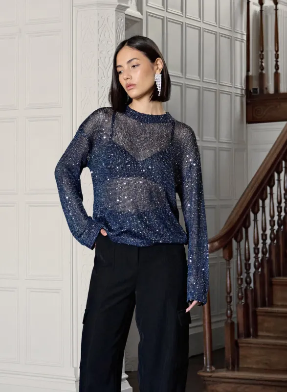 Navy Metallic Open Knit Lurex Top - Layna sold by 4th and Reckless