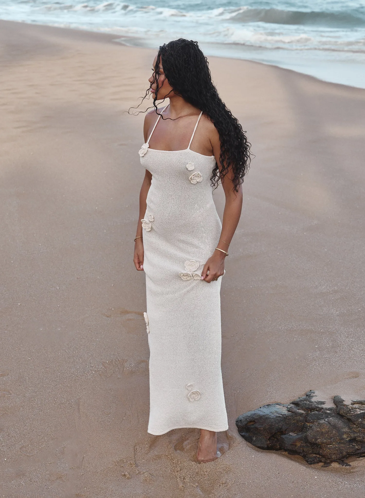 Off White Knit Flower Detail Maxi Dress- Isla sold by 4th and Reckless