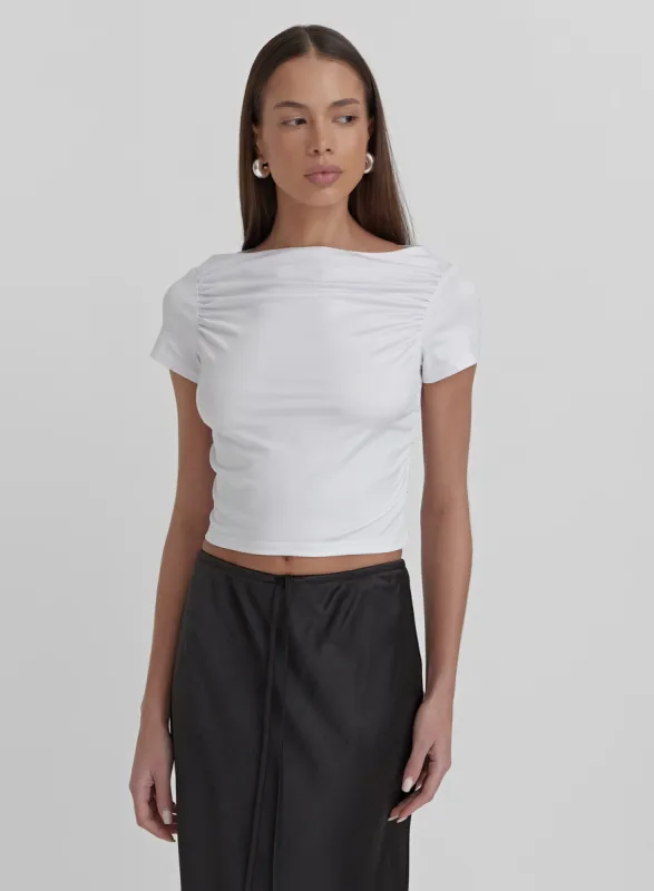 White Ruched Jersey Cropped T-shirt- Darrilyn sold by 4th and Reckless
