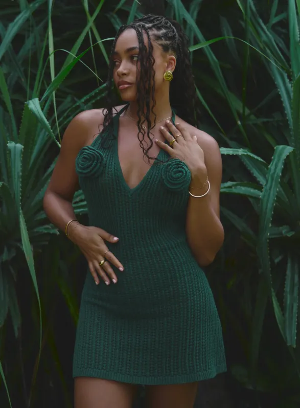 Green Knit Corsage Halterneck Mini Dress- Coco sold by 4th and Reckless