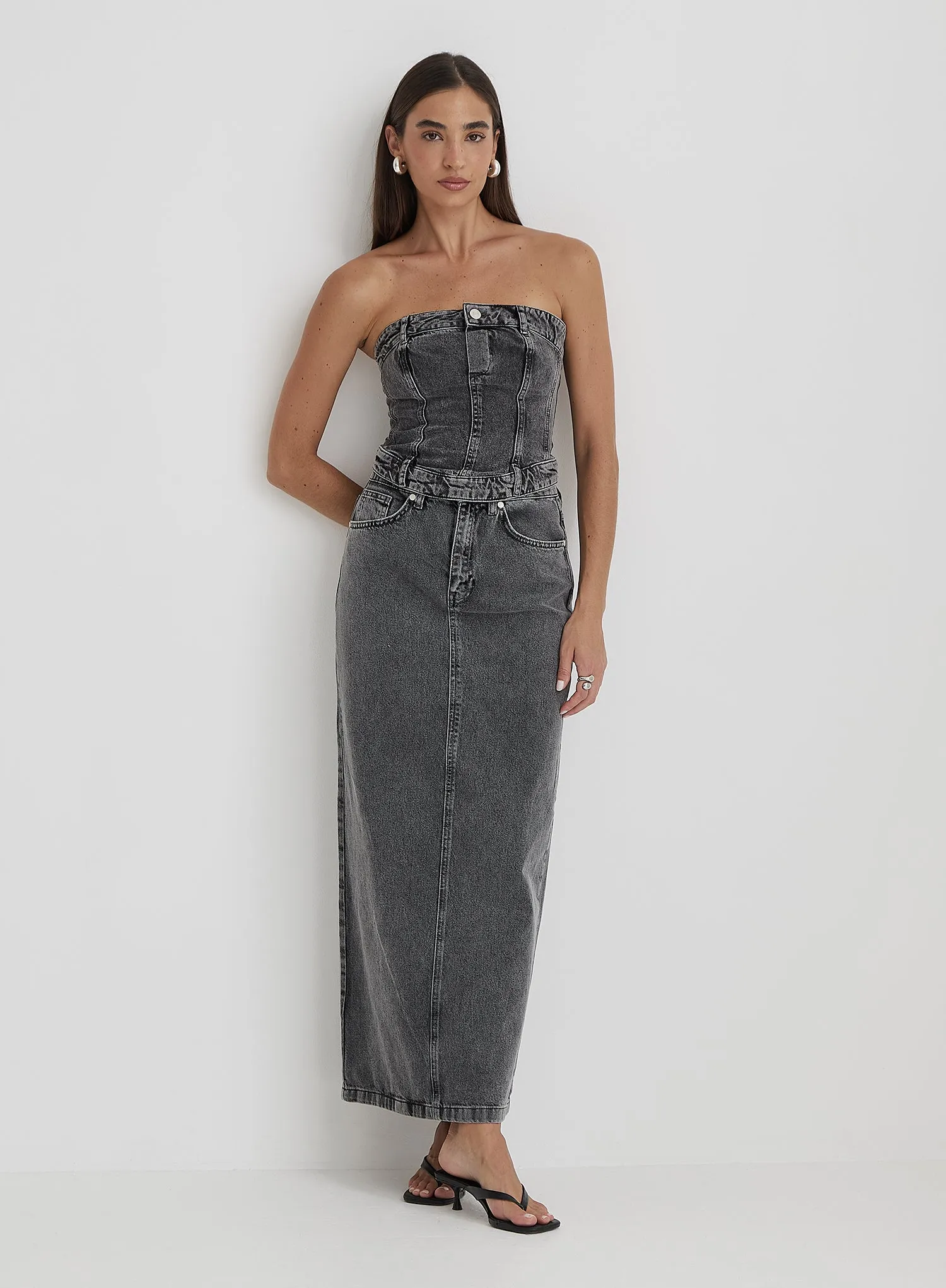 Washed Grey Denim Midaxi Skirt - Maxine sold by 4th and Reckless