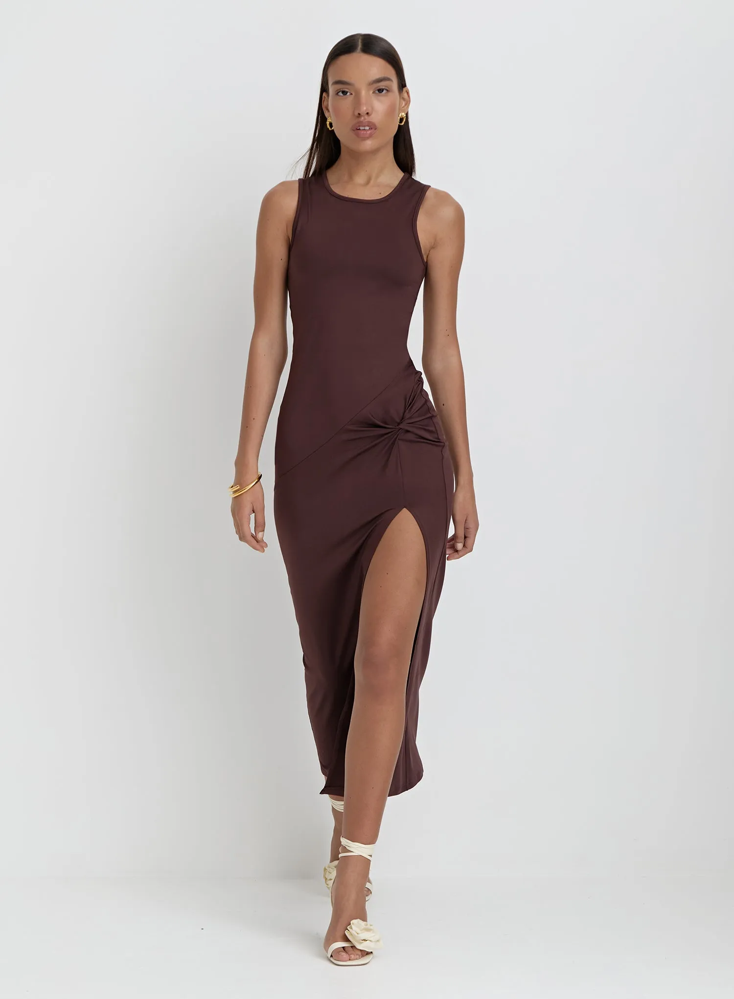 Brown Slinky Side Split Maxi Dress- Lorena sold by 4th and Reckless