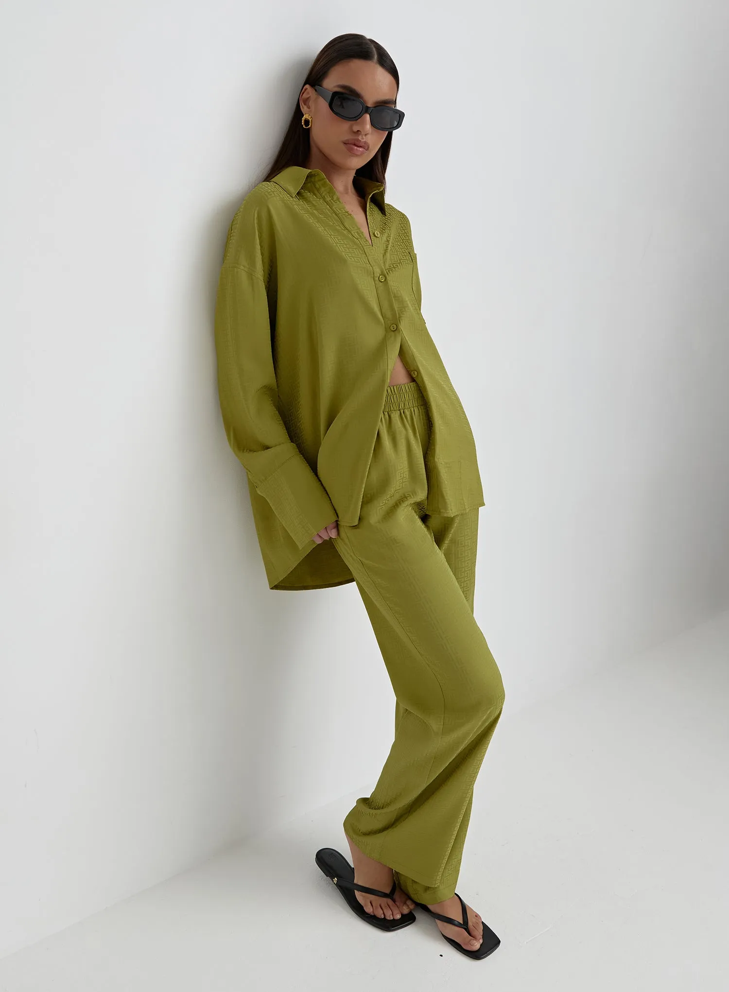 Green Jacquard Satin Print Trouser- Mimi sold by 4th and Reckless