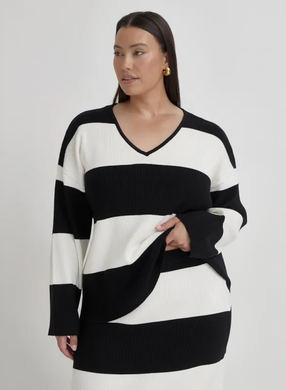 Black And Cream Plus Size Stripe Knitted Jumper- Jacqueline sold by 4th and Reckless